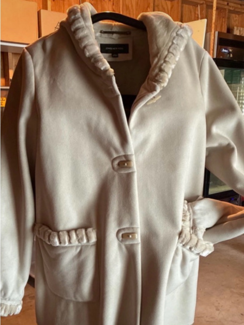 Jones New York Ivory Pea Coat with Faux-Fur Trim
